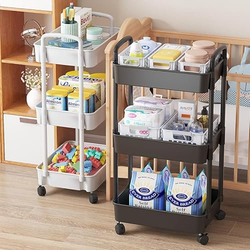 Multibao 3 Tier Storage Trolley Cart on Wheels Plastic Mobile Rolling Trolley For Kitchen Bathroom Laundry Rolling Rack L39 cm x W27 cm x H73 cm White