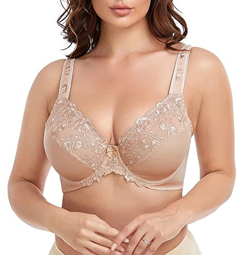 Ayigedu Women's Underwire Bra Non-Padded Plus Size Floral Lace Full Coverage Minimizer 42D Beige