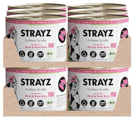 STRAYZ - Bio Katzenfutter in Soße - Rind & Rote Bete: Getreidefreies Katzenfutter hoher Fleischanteil ohne Zucker - Spendet für Straßenkatzen (12x200g)