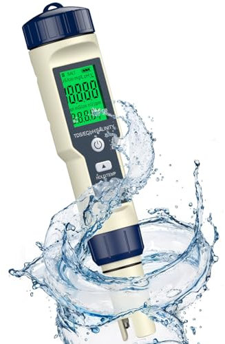 Testeur de sel de piscine et pH-mètre Pawfly, 5 en 1 pH, salinité, TDS, EC et température, testeur de salinité numérique, TDS-mètre pour piscine, eau potable, aquarium, bain à remous, eau salée et spa