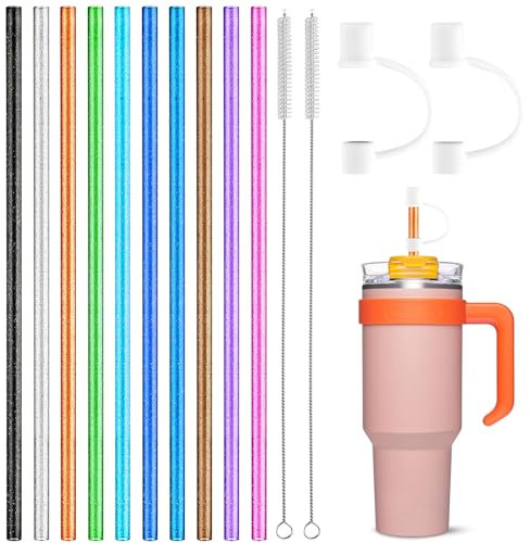 Confezione da 10 cannucce glitterate per Stanley Cup, 31 cm, extra lunghe, riutilizzabili, per Stanley Cup, accessori con 2 spazzole per la pulizia e 2 coperture in paglia (10 colori)