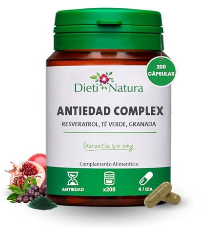 Dieti Natura Antiedad Complex 200 Cápsulas con Resveratrol - Suplemento Antiedad con Resveratrol, Espirulina y Polifenoles - Con EGCG, Vitaminas y Minerales para la Fatiga - Té Verde, Granada y Zinc