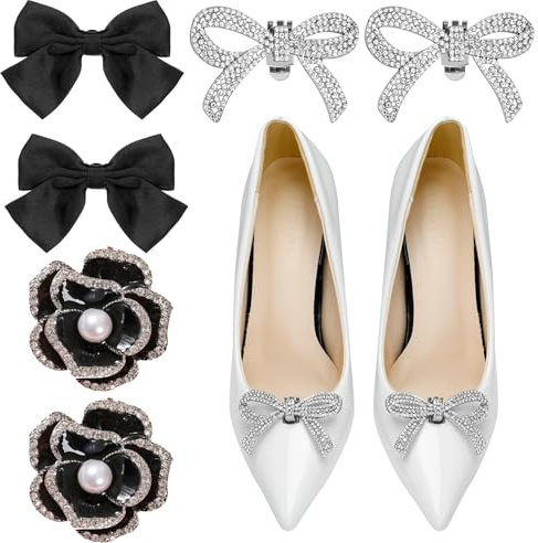 Cellcacn 6 Pcs Bow Shoe Clips 3 Styles Rhinestone Shoe Buckle Black Satin Bow Shoe Buckle Clips Fashion Bridal Wedding Shoe Charms for Women Detachable Bow Heels Accessories (Black)