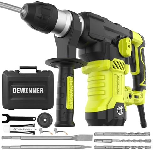 DEWINNER 1500W SDS Plus Rotary Hammer Drill with Vibration Control, Safety Clutch, 4 Functions Corded Rotomartillo for Concrete-Including 3 Drill Bits, Chisel, Point Chisel, Carrying Case