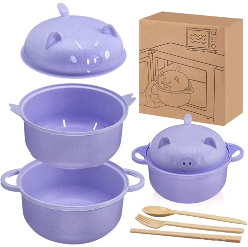 Romooa 1 Set Large 45oz Cute Pig Ramen Bowl Set Microwavable Cooker, Purple