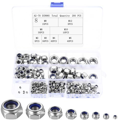 200 Pcs Hex Nuts Set, Self Locking Nuts Assortment, M2 M3 M4 M5 M6 M8 M10 M12 Hex Lock Nut with Nylon Inserts, Nyloc Nutss, Locknuts, Stainless Steel Hexagon Nut Set for Bolts Screws