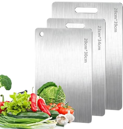 Zorplex 3 Stycken Titan skärbräda, 316 Rostfritt Stål Dubbelsidiga Köksbrädor av Livsmedelskvalitet, Hållbara, Lätt att Rengöra och Diskmaskinssäkra, Perfekta för Kött, Grönsaker, Frukt och Bröd