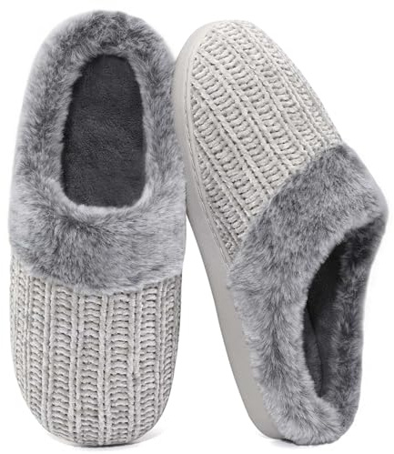 shoeslocker Womens Memory Foam Fuzzy Slippers Knitted House Slippers for Women Comfy Slip On Warm Shoes Grey 6-7