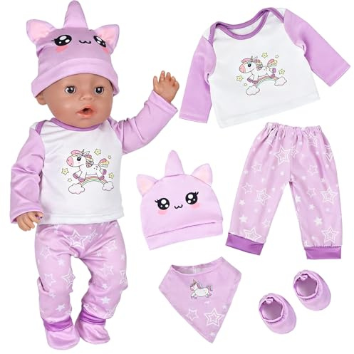 Purple Pony Baby Doll Clothes for 14-18 inch New Born Baby Doll, 5 Pcs Cartoon Pony Dolls Clothes Outfit with Hat Top Trousers Bib Socks, Doll Accessories for 35-45 cm New Doll Birthday Gift for Kids