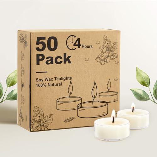 Ashlux Tealight en cera de soja, 4 horas de duración, 50 unidades candelas blancas, sin perfume, sin humo y sin parafina, con carcasa de acrílico – Para Navidad, bodas, fiestas y decoración