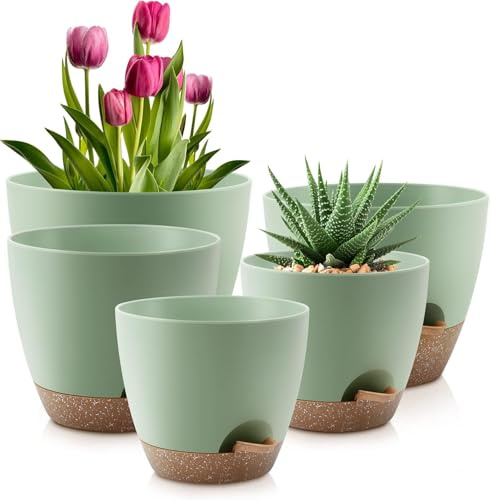 LATERN 5 Piezas Macetas con Autorriego, 18/16.5/15/13.5/12CM Maceta de Plástico Contenedor para Plantas de Jardín con Drenaje Orificio y Depósito Maceta para Aloe Hierbas Orquídeas Suculentas Bonsái