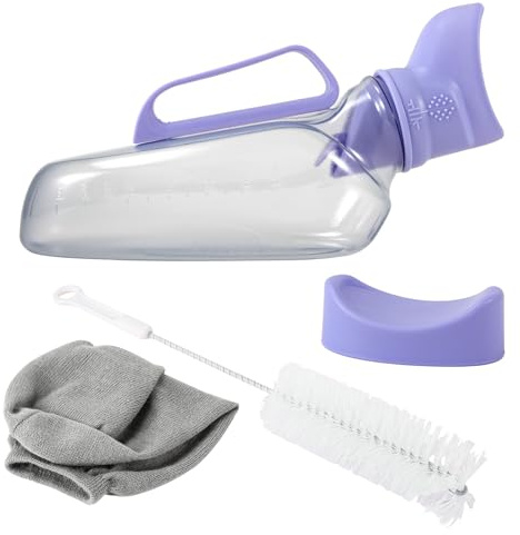 WEESTAAMO Urine Bottle for Women 1200 ml with Knitted Cover & Cleaning Brush - Leak-Proof Urinal Women's Purple, Portable Toilet for Car, Camping & Bedridden (Includes Funnel & Lid)