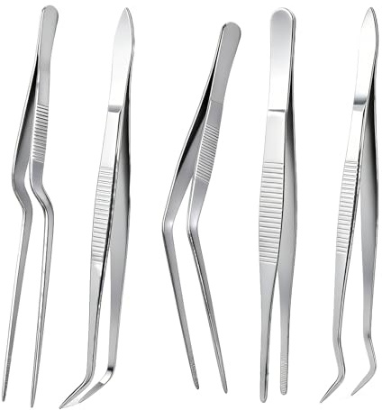 5 Stück Kitchen Kochpinzette, 16cm Kochpinzette Edelstahl Pinzette, Pinzetten Set, Professionelle Küchenwerkzeuge Grillpinzette Gebogene Pinzette Kochzange, Küchenpinzette für Küche Speisen Dekorieren