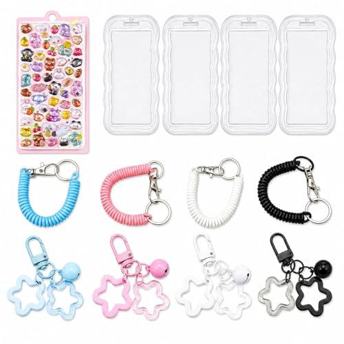 Kpop Lot de 4 porte-cartes photo en silicone avec pendentif étoile, clochette et bande élastique pour carte d'identité, carte de bus, sac à dos