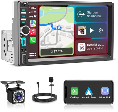 Radio Coche 1 DIN con Pantalla Táctil de 7, Car Play y Android Auto Inalámbrico, Autoradio Bluetooth Manos Libres, Navegación GPS, Mirror Link, Cámara Trasera, FM, USB, Tipo C, Control por Voz