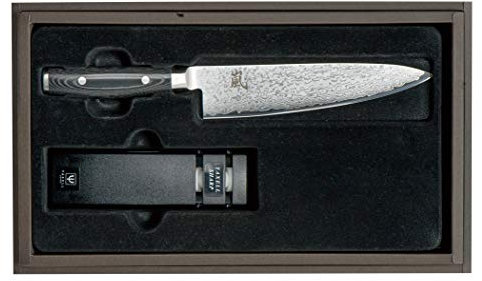 Ran69 Yaxell Couteau de chef en acier damassé avec fusil d'aiguisage Gousharp Pro Manche en micarta et lame 20 cm dans une boîte cadeau