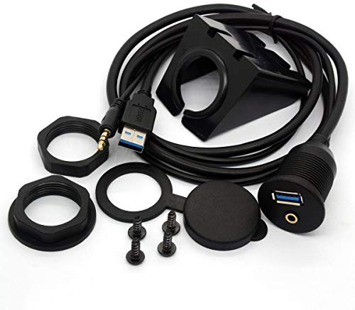 BSHTU USB 3.0 Flush Mount Cable - USB 3.0 and 3.5mm Aux Extention Mount, Flush, Dash, Panel Mount Cable 1/8 AUX for Car Bike Boat Motorcycle Radio Stereo Android (1 Meter/3 Feet)