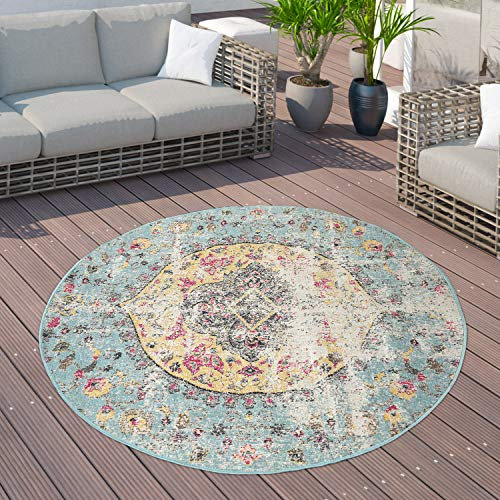 Paco Home Outdoor Teppich Balkon Terrasse Vintage Küchenteppich Orient Muster Rauten Ethno, Grösse:200 cm Rund, Farbe:Bunt