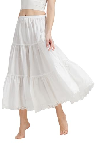 BEAUTELICATE Falda Mujer Algodón Larga Corta Combinación Enaguas para Vestido Boda Antiestática Negro Marfil con Encaje Dobladillo （Marfil-90cm de Longitud,XL）