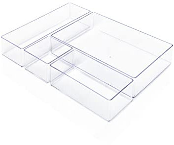 Lilly Things ANTIRUTSCH Schubladen Ordnungssystem (transparent) Schubladen Organizer Schubladeneinsatz Aufbewahrungsbox für Make-Up Kosmetik Schminktisch Schreibtisch Büro Bad Küche (4-teilig)