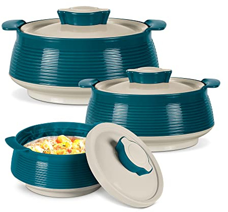 Milton Casserole for hot food, Double walled insulated inner Stainless Steel hot pot with lid, Serving box for food and roti, insulated serving bowl with lid, Set of 3 Venice, Marble Green