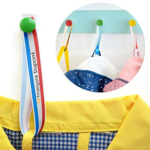 6 Cintas para Colgar Ropa sin Coser. Colgadores Personalizados con Nombre para Colgar Chaquetas y Batas de los niños en el Cole y guardería. Etiquetas de Tela con botón.
