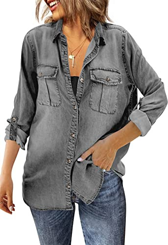 Runcati Womens Button Down Denim Shirt Long Sleeve Roll Up Casual Oversized Jean Shirt Jacket Distressed Tunic Tops Gray