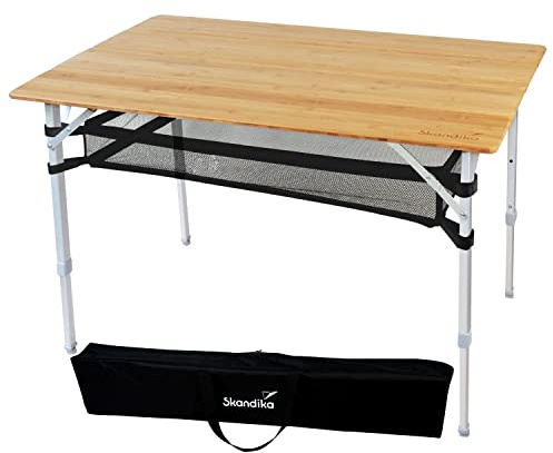 skandika Tolja | Mesa de Camping de bambú Plegable, Estante de Rejilla, Varios tamaños, Regulable en Altura en 3 Posiciones, Aluminio, Madera, Resistente a la Intemperie (100 x 65 x 65 cm)