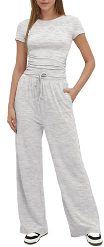 SotRong Estate 2 Pezzi Abiti Donna Lounge Wear Set Increspato Manica Corta Crop Top e Vita Alta Elastico Vita Larga Gamba Dritta Pantaloni Tuta Activewear Casual Tempo Libero Set, A-light Grey, L