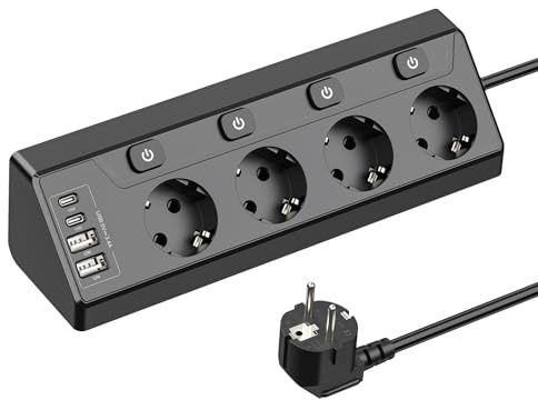 Multiprise d'angle à 4 prises, avec 2 ports USB C, 4 ports USB, pour bureau, cuisine, montage mural, multiprise avec interrupteur, 2 m, noir