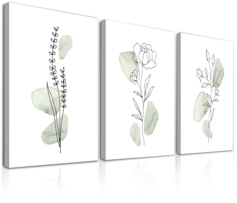 Dazzlewall 3Pcs Framed Abstract Botanical Wall Art Decor, Minimalist Sage Green Flower Line Canvas Wall Art for Bedroom Living Room Decor 12x16 in