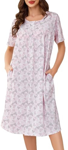 Vlazom Women Nightdress Button Front Nighties Pleated Lace Nightgowns Luxury Soft Touch Nightwear Sleep Dress with Pockets S-3XL