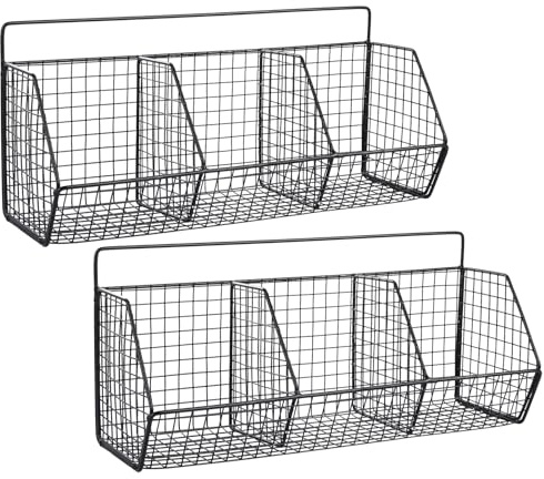 LDHHYH 2PCS Wall-Mounted Hanging Storage Baskets, Metal Storage Baskets with 3-Grid Wire Basket, No Drilling Wire Basket with 2 Adhesive Stickers for Kitchen Bathroom Organising (36x16.5x10cm)