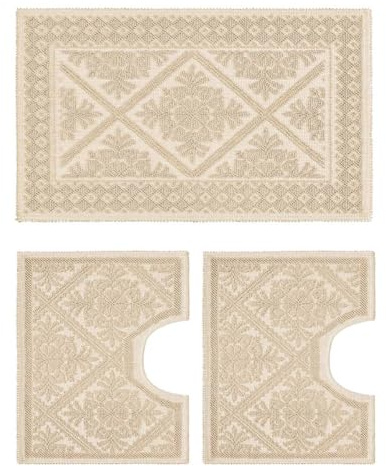 Parure Tappeti Sardi Avorio Panna lavabile 100% cotone prodotto in Sardegna. 3 pezzi sagomati per bagno giro water wc bidet lavandino lavabo