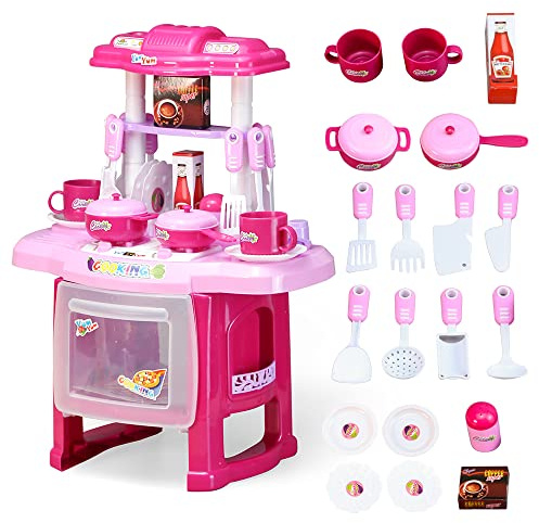 EVERGD Kitchen Playset Role Playing Game Small Kitchen Toy Play Set with Light and Sound 24 Accessories Included Best Gift for Boys Girls (Pink-24 Accessories)