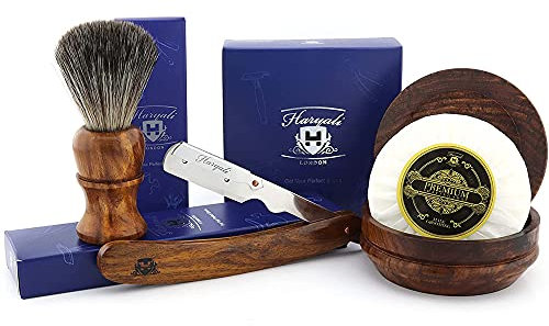 4 Pcs en Bois Ensemble de Rasage avec Coupe Droite Gorge/Rasoir Rasoir, Noir Blaireau Êtes Similaire Cheveux Synthétiques Pinceau avec Savon & Bol Parfait Ensemble en Bois Rose