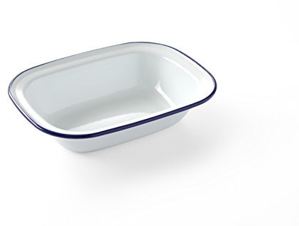 HENDI Plat rectangulaire en acier émaillé blanc, avec bord bleu, plat de cuisson, plat à four, 215x160x(H)48mm