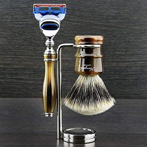 Haryali London Horn Replica Men's Shaving Set with 5 Edge Razor, Silver Badger Hair Shaving Brush and Shaving Stand Perfect Shaving Kit