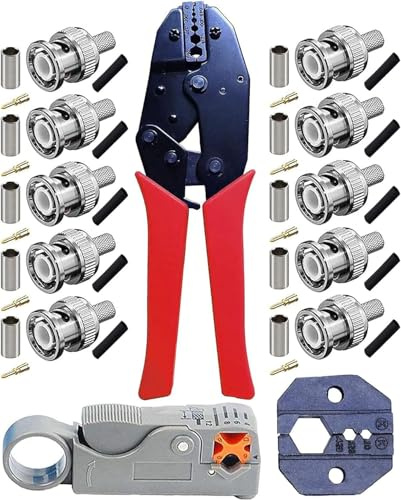 Pince à sertir pour RG59 - Kagni BNC/TNC - Pince à sertir à cliquet et pince à dénuder de câble coaxial avec 10 connecteurs BNC pour RG59