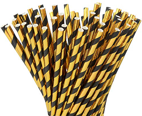 ALINK Black Gold Paper Straws, Pack of 100 Biodegradable Metallic oil Gold Striped Disposable Straws for Birthday, Wedding, Bridal/Baby Shower, Christmas Decorations and Party Supplies