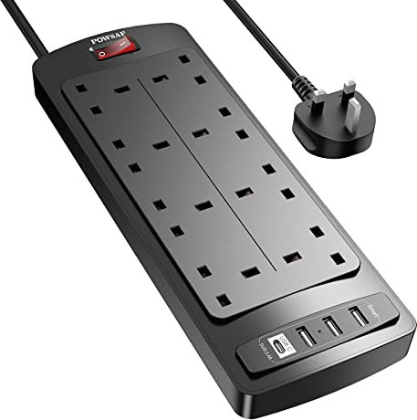 POWSAF Extension Lead with 4 USB Slots (3.4A, 1 Type C and 3 USB-A Ports),Power Strip Surge Protector with 8 way plug extension Socket and 2M Extension cord for Home Office Travel,Black