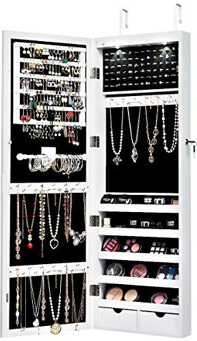 RELAX4LIFE Armadietto Portagioie con Specchio e Luci a LED, Armadietto con Serratura da Appendere alla Porta o alla Parete, Armadietto in Legno, Ideale per Soggiorno, 108x37x9,5 cm (Bianco)