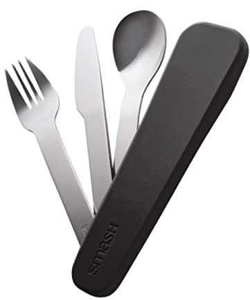 Smash Juego de utensilios de viaje reutilizables de acero inoxidable con funda de silicona, color negro