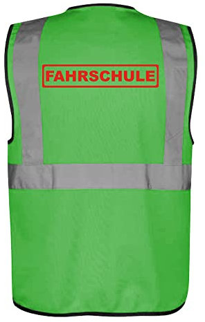 Fassbender-Druck WARNWESTEN - Sicherheitsweste GRÜN mit Taschen und Reißverschluss nach EN ISO 20471 zertifiziert - Warn Weste für FAHRSCHULE - Unisex mit hochwertigem Reflektorstreifen