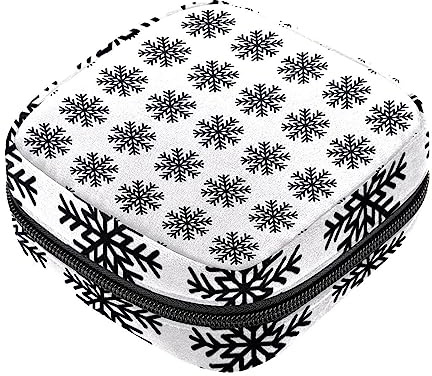 Sanitary Napkin Storage Bag, Feminine Product Pouches Portable Period Kit Bag for Girls Women Ladies Snowflake Winter Black White