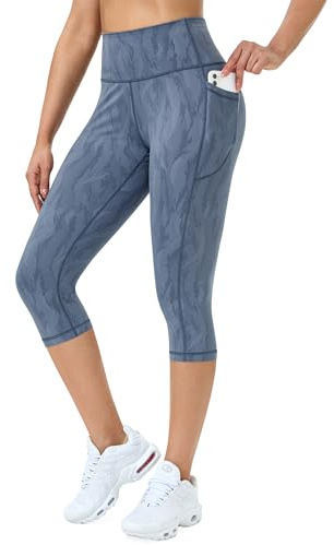 Flatik Pantalon de sport 3/4 pour femme - Opaque - Pantalon de course - Legging de sport 3/4 - Pantalon de fitness - Legging de course, Imprimé gris-bleu, L