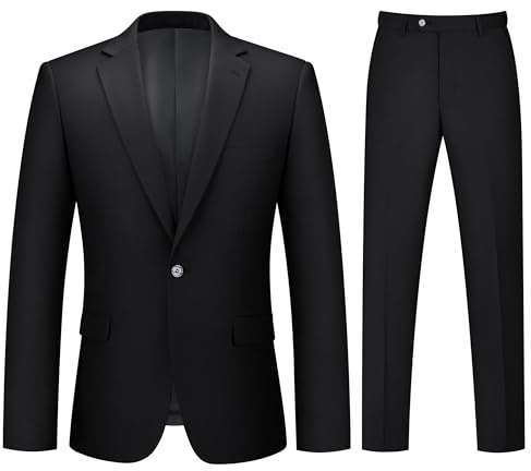 LORENZO BRUNO Mens Suit 2 Piece Black Suits for Men One Button Slim Fit Solid Jacket & Pants Tuxedo Set Business Wedding Party, Black, M