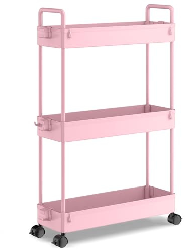SOLEJAZZ Carro de almacenamiento deslizante delgado con 3 niveles y ruedas para cocina, baño, lavadero, dormitorio, espacios reducidos, plástico, rosa