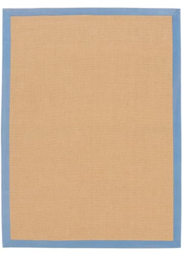 carpetfine Sisalteppich Naturfarbe 240x340 cm handgewebt mit Bordüre aus Baumwolle in Blau | Moderner Rutschfester Flachgewebeteppich Uni aus Naturfasern für Wohnzimmer, Schlafzimmer