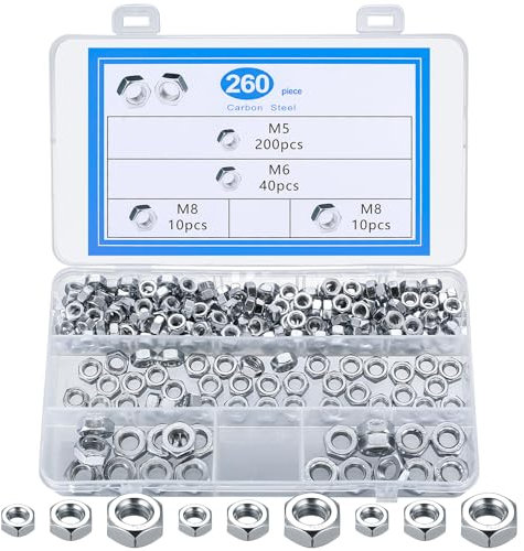 mauuuba 260 Pièces Ecrou M5 M6 M8, Écrous Hexagonaux en Acier au Carbone, Écrous Hexagonaux, Écrou Autobloquant, Ecrou de Blocage pour Boulons Vis, Écrous Inserts Filetés